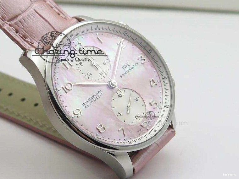 MIROTIME 0311 Portuguese 40mm Chrono SS Pink MOP Dial on Pink Leather Strap A Reliable 7391